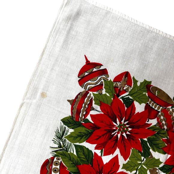 Vintage Christmas tablecloth cotton printed in festive red poinsettias border - Picture 4 of 10